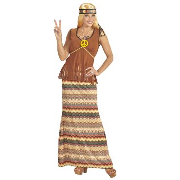 Déguisement hippie femme années 70 avec jupe colorée et accessoires peace and love | jourdefete.com