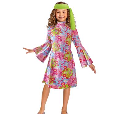 Enfant déguisée en hippie avec robe fleurie multicolore et manches évasées | jourdefete.com Enfant déguisée en hippie avec robe fleurie multicolore et manches évasées | jourdefete.com