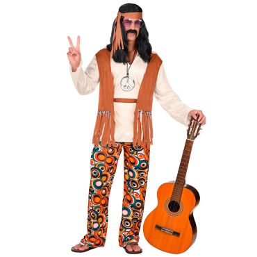 Déguisement hippie homme avec pantalon psychédélique, gilet à franges et collier peace & love | jourdefete.com Déguisement hippie homme avec pantalon psychédélique, gilet à franges et collier peace & love | jourdefete.com