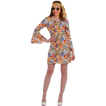 Femme en déguisement hippie coloré avec robe à motifs | jourdefete.com Femme en déguisement hippie coloré avec robe à motifs | jourdefete.com