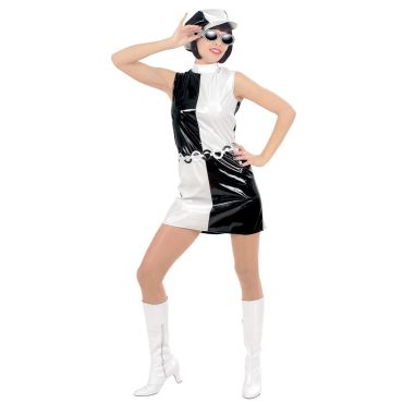 Déguisement femme années 60 motif damier noir et blanc avec robe courte et bottes rétro | jourdefete.com Déguisement femme années 60 motif damier noir et blanc avec robe courte et bottes rétro | jourdefete.com