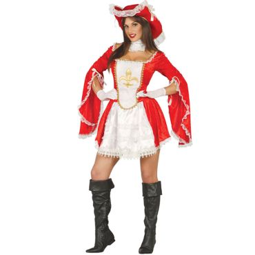 Déguisement de mousquetaire femme rouge et blanc avec robe courte, chapeau assorti, vue de face. Déguisement de mousquetaire femme rouge et blanc avec robe courte, chapeau assorti, vue de face.