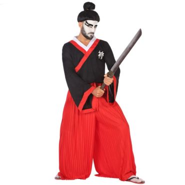 Déguisement samouraï homme noir et rouge avec pantalon large et katana. Déguisement samouraï homme noir et rouge avec pantalon large et katana.