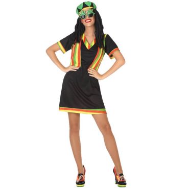Femme portant un déguisement jamaïcain avec robe noire et bandes vertes, jaunes et rouges, perruque rasta, lunettes et casquette assorties | jourdefete.com Femme portant un déguisement jamaïcain avec robe noire et bandes vertes, jaunes et rouges, perruque rasta, lunettes et casquette assorties | jourdefete.com