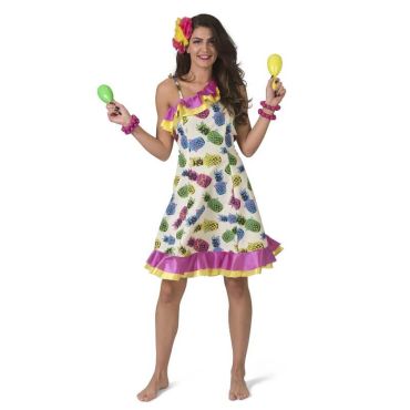 Femme portant un déguisement robe ananas colorée avec volants roses et jaunes, maracas aux mains et fleurs dans les cheveux. Femme portant un déguisement robe ananas colorée avec volants roses et jaunes, maracas aux mains et fleurs dans les cheveux.