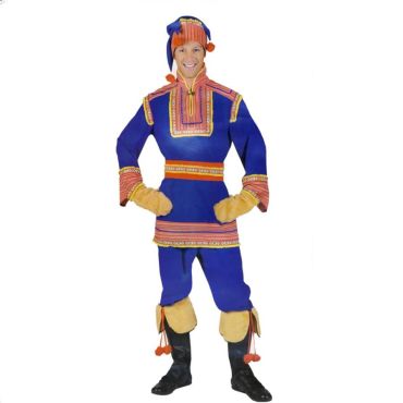 Homme déguisé en costume traditionnel lapon bleu et orange avec bonnet, ceinture et sur-bottes en fausse fourrure. Homme déguisé en costume traditionnel lapon bleu et orange avec bonnet, ceinture et sur-bottes en fausse fourrure.