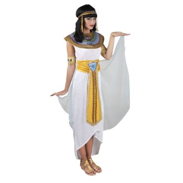 Déguisement de Cléopâtre pour femme avec robe blanche, ceinture dorée et accessoires égyptiens Déguisement de Cléopâtre pour femme avec robe blanche, ceinture dorée et accessoires égyptiens