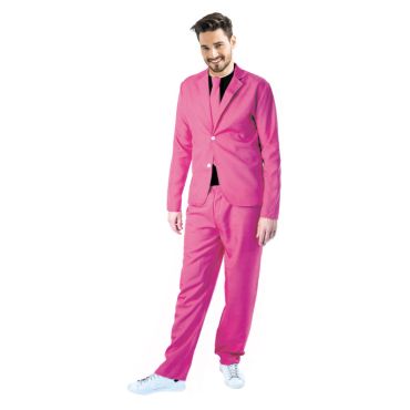 Déguisement costume homme rose avec veste, pantalon et cravate assortie pour une soirée festive. Déguisement costume homme rose avec veste, pantalon et cravate assortie pour une soirée festive.