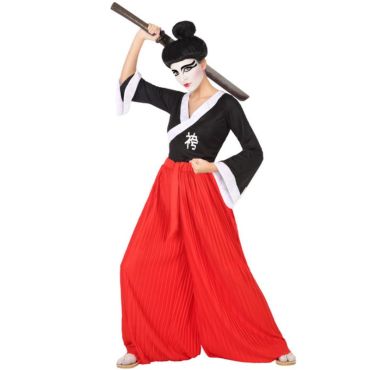 Déguisement de samouraï noir et rouge pour femme avec haut croisé et pantalon ample plissé. Déguisement de samouraï noir et rouge pour femme avec haut croisé et pantalon ample plissé.