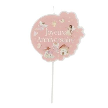 Bougie "Joyeux Anniversaire" rose avec fées et champignons Ø8 cm | jourdefete.com