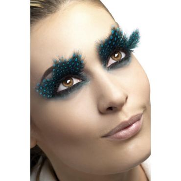 Paire de faux cils plumes noires à pois bleus | jourdefete.com