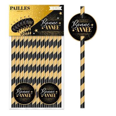 paille en papier avec médaillon bonne année noire et dorée | jourdefete.com paille en papier avec médaillon bonne année noire et dorée | jourdefete.com
