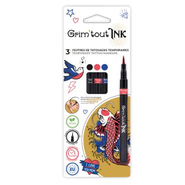 Pack de 3 feutres tatouages temporaires Grim'tout Ink (Noir, Rouge, Bleu) | jourdefete.com