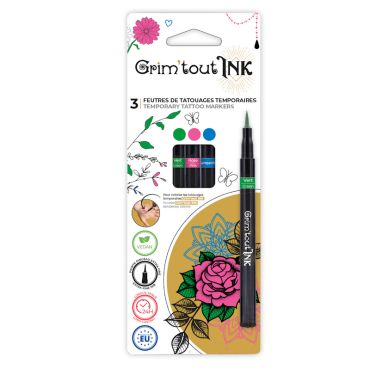 Pack de 3 feutres tatouages temporaires Grim'tout INK (Vert, Rose, Turquoise) | jourdefete.com Pack de 3 feutres tatouages temporaires Grim'tout INK (Vert, Rose, Turquoise) | jourdefete.com