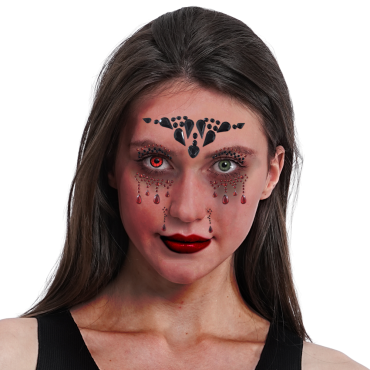 Bijoux adhésifs de visage Larmes rouges avec couronne noire au front et gouttes rouges sous les yeux pour maquillage vampirique | jourdefete.com Bijoux adhésifs de visage Larmes rouges avec couronne noire au front et gouttes rouges sous les yeux pour maquillage vampirique | jourdefete.com
