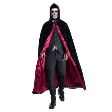 Homme portant une cape Halloween noire et rouge avec capuche et doublure satinée | jourdefete.com Homme portant une cape Halloween noire et rouge avec capuche et doublure satinée | jourdefete.com
