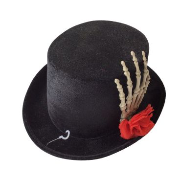 Chapeau haut-de-forme Halloween avec main de squelette et rose rouge | jourdefete.com Chapeau haut-de-forme Halloween avec main de squelette et rose rouge | jourdefete.com