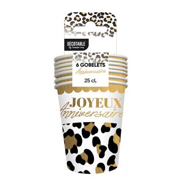6 gobelets en carton motif léopard avec inscription Joyeux Anniversaire dorée | jourdefete.com 6 gobelets en carton motif léopard avec inscription Joyeux Anniversaire dorée | jourdefete.com