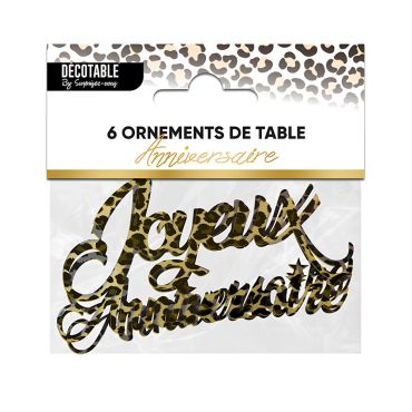 Lot de 6 ornements de table géants Joyeux Anniversaire écriture cursive motif léopard | jourdefete.com Lot de 6 ornements de table géants Joyeux Anniversaire écriture cursive motif léopard | jourdefete.com