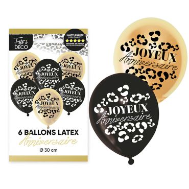 Lot de 6 ballons de baudruche noirs et beiges avec imprimé taches de léopard Joyeux Anniversaire | jourdefete.com Lot de 6 ballons de baudruche noirs et beiges avec imprimé taches de léopard Joyeux Anniversaire | jourdefete.com