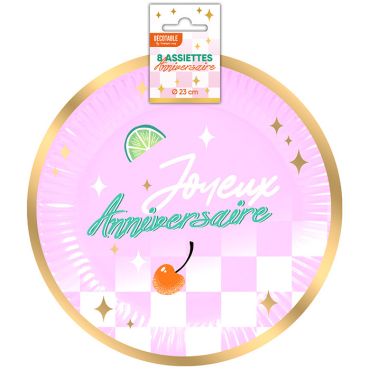 Assiettes en carton rose avec motif damier, liseré doré et inscription Joyeux Anniversaire pour décoration de fête Rétro Pop | jourdefete.com Assiettes en carton rose avec motif damier, liseré doré et inscription Joyeux Anniversaire pour décoration de fête Rétro Pop | jourdefete.com