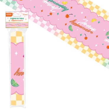 Chemin de table Joyeux Anniversaire motif damier pastel cerises et agrumes thème Rétro Pop | jourdefete.com Chemin de table Joyeux Anniversaire motif damier pastel cerises et agrumes thème Rétro Pop | jourdefete.com