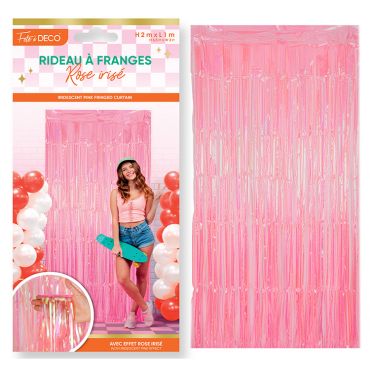 Rideau à franges métallisées de couleur rose irisé pour décoration murale ou photobooth de fête Rétro Pop | jourdefete.com