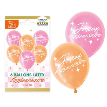 Sachet de 6 ballons en latex rose et pêche avec inscription Joyeux Anniversaire pour décoration Rétro Pop | jourdefete.com Sachet de 6 ballons en latex rose et pêche avec inscription Joyeux Anniversaire pour décoration Rétro Pop | jourdefete.com