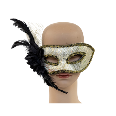 Loup pailletté doré avec sequins, plumes et élégante fleur noire | jourdefete.com Loup pailletté doré avec sequins, plumes et élégante fleur noire | jourdefete.com