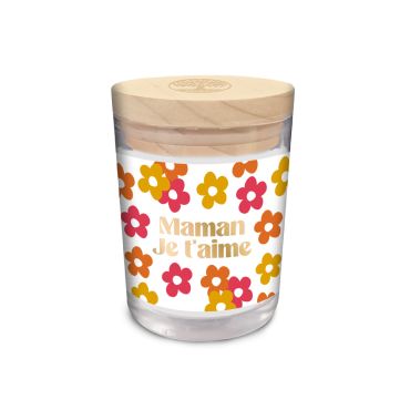 Bougie en verre "Maman je t’aime" fleurs colorées avec couvercle bois | jourdefete.com Bougie en verre "Maman je t’aime" fleurs colorées avec couvercle bois | jourdefete.com