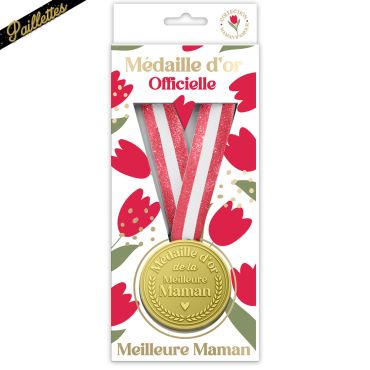 Médaille d'or de la meilleure maman avec ruban à paillettes dans son emballage fleuri | jourdefete.com