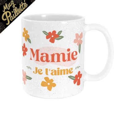 Mug "Mamie je t'aime" blanc avec fleurs, paillettes et texte coloré | jourdefete.com Mug "Mamie je t'aime" blanc avec fleurs, paillettes et texte coloré | jourdefete.com