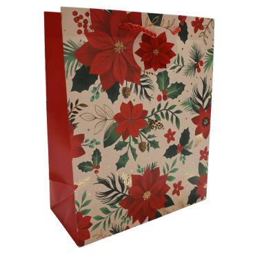 Sac cadeau de Noël Poinsettia avec motifs floraux et houx | jourdefete.com Sac cadeau de Noël Poinsettia avec motifs floraux et houx | jourdefete.com