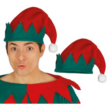 Bonnet de lutin de Noël rouge et vert avec pompon blanc | jourdefete.com Bonnet de lutin de Noël rouge et vert avec pompon blanc | jourdefete.com