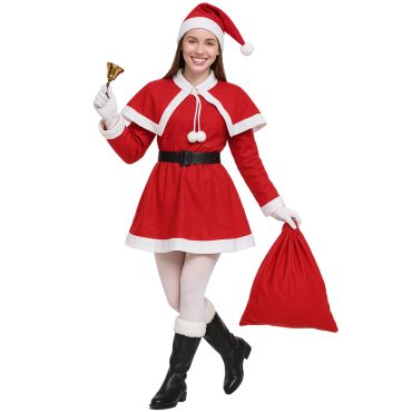 Femme déguisée en Mère Noël avec robe rouge en feutrine et bonnet assorti | jourdefete.com Femme déguisée en Mère Noël avec robe rouge en feutrine et bonnet assorti | jourdefete.com