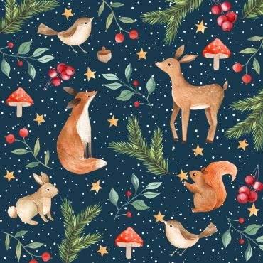 Serviettes de Noël bleu nuit avec animaux de la forêt, sapins, baies et étoiles dorées | jourdefete.com Serviettes de Noël bleu nuit avec animaux de la forêt, sapins, baies et étoiles dorées | jourdefete.com