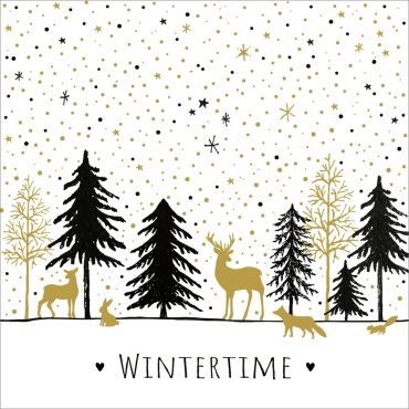 Serviettes cocktail Noël forêt enneigée avec animaux dorés | jourdefete.com