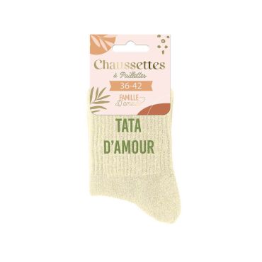 Chaussettes pailletées claires "Tata d’Amour" en taille 36-42 | jourdefete.com Chaussettes pailletées claires "Tata d’Amour" en taille 36-42 | jourdefete.com