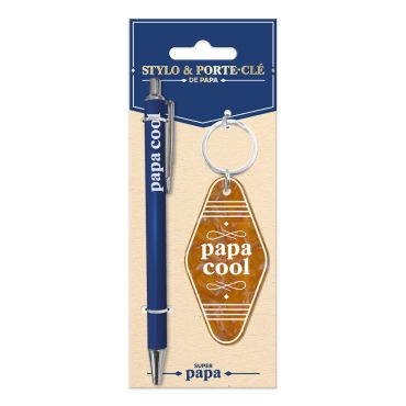 Set cadeau pour la fête des pères comprenant un stylo bleu et un porte-clés motel vintage avec l'inscription papa cool | jourdefete.com