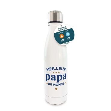 Bouteille isotherme blanche avec l'inscription Meilleur Papa du Monde en bleu et doré pour un cadeau de fête des pères | jourdefete.com Bouteille isotherme blanche avec l'inscription Meilleur Papa du Monde en bleu et doré pour un cadeau de fête des pères | jourdefete.com