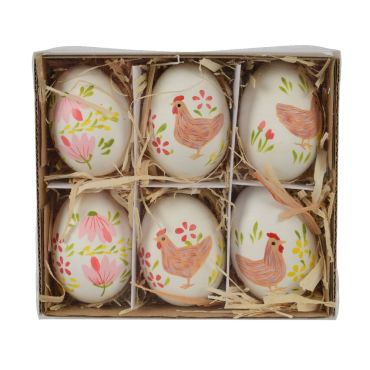 Lot de 6 œufs de Pâques peints avec motifs de poules et fleurs | jourdefete.com Lot de 6 œufs de Pâques peints avec motifs de poules et fleurs | jourdefete.com