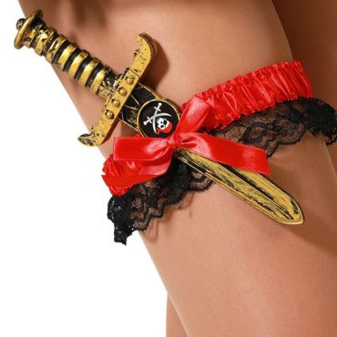 Jarretière pirate avec faux poignard doré tenue sur dentelle noire et ruban rouge | jourdefete.com