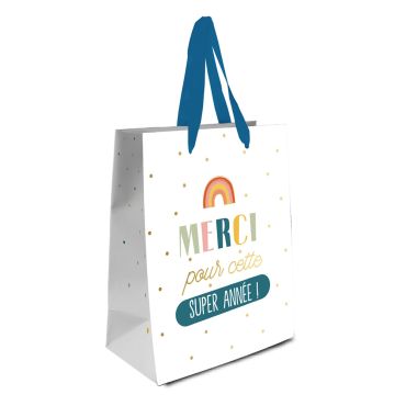 Pochette cadeau blanche avec pois dorés et texte "Merci pour cette super année !" et poignées bleues | jourdefete.com Pochette cadeau blanche avec pois dorés et texte "Merci pour cette super année !" et poignées bleues | jourdefete.com