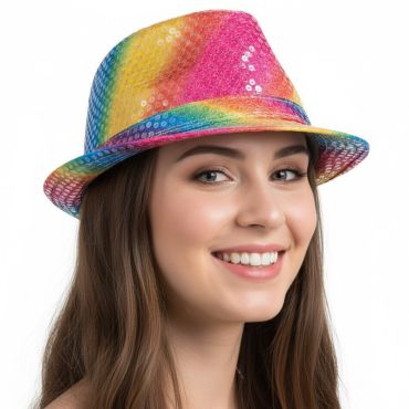 Chapeau Borsalino arc-en-ciel avec sequins brillants | jourdefete.com Chapeau Borsalino arc-en-ciel avec sequins brillants | jourdefete.com