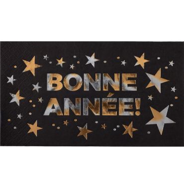 Serviettes en papier noires et dorées avec inscription Bonne Année et étoiles festives | jourdefete.com Serviettes en papier noires et dorées avec inscription Bonne Année et étoiles festives | jourdefete.com