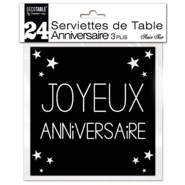 24 Serviettes "Joyeux Anniversaire" - Noir