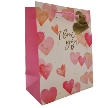 Sac cadeau I Love You avec cœurs roses et poignées torsadées roses | jourdefete.com Sac cadeau I Love You avec cœurs roses et poignées torsadées roses | jourdefete.com