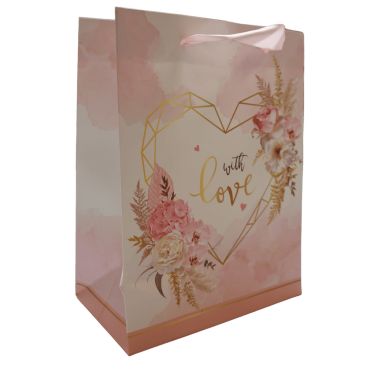 Sac cadeau romantique rose avec cœur doré et fleurs – "Love" 18x23x10 cm | jourdefete.com Sac cadeau romantique rose avec cœur doré et fleurs – "Love" 18x23x10 cm | jourdefete.com