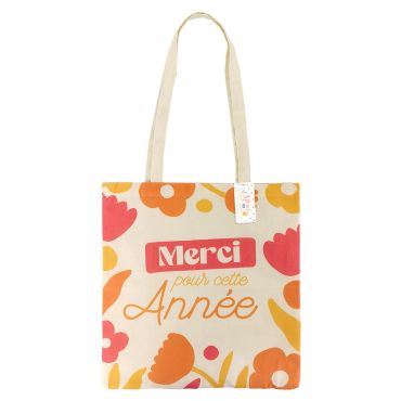 Sac cabas avec message "Merci pour cette Année" imprimé en orange et rouge sur fond fleuri | jourdefete.com Sac cabas avec message "Merci pour cette Année" imprimé en orange et rouge sur fond fleuri | jourdefete.com
