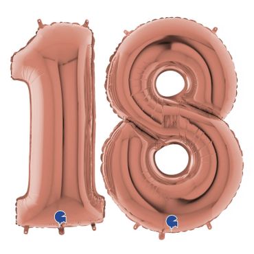Un duo de ballons rose gold pour un anniversaire d'adulte composé du chiffre 1 et 8. Un duo de ballons rose gold pour un anniversaire d'adulte composé du chiffre 1 et 8.